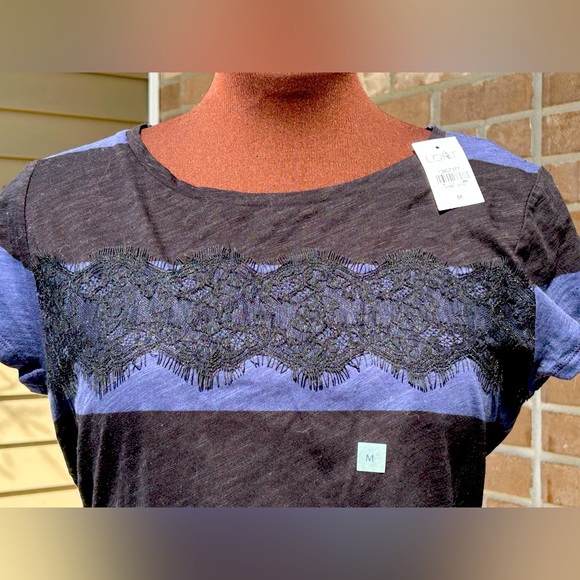 NWT LOFT sM top-💯cotton-zip back-blk/blue stripes w/blk lace accent - Picture 2 of 6